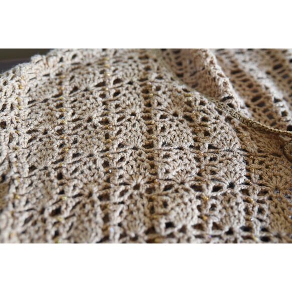 Tan brown Crochet Short sleeve cardigan boho beaded open knit XL vintage summer - Picture 7 of 8